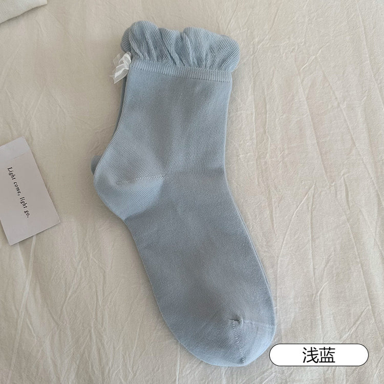 女襪|後跟蝴蝶結襪子女春夏季ins潮花邊襪口中筒襪棉質吸汗透氣堆堆襪「SM2501」25.04-1