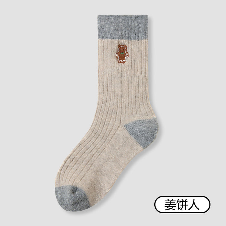 女襪|撞色美利奴羊毛襪子女冬季加厚保暖聖誕襪可愛復古刺繡彈力中筒襪「AM25108」25.12-2