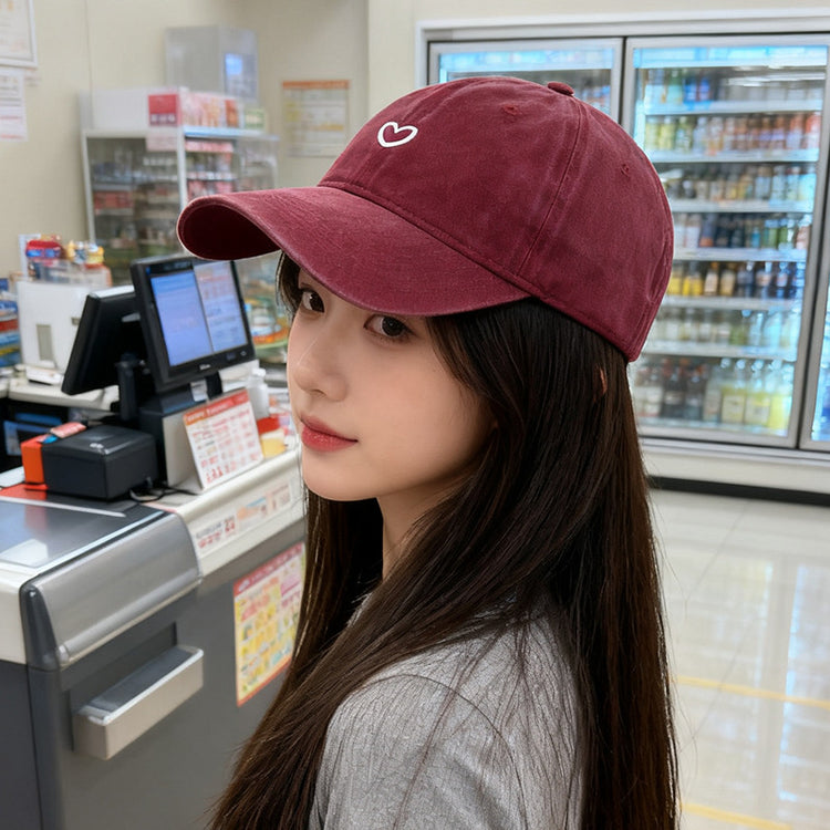 流行帽子|外貿跨境水洗做舊軟頂帽子女愛心刺繡鴨舌帽新款棒球帽男遮陽帽潮「C2506」25.09-3