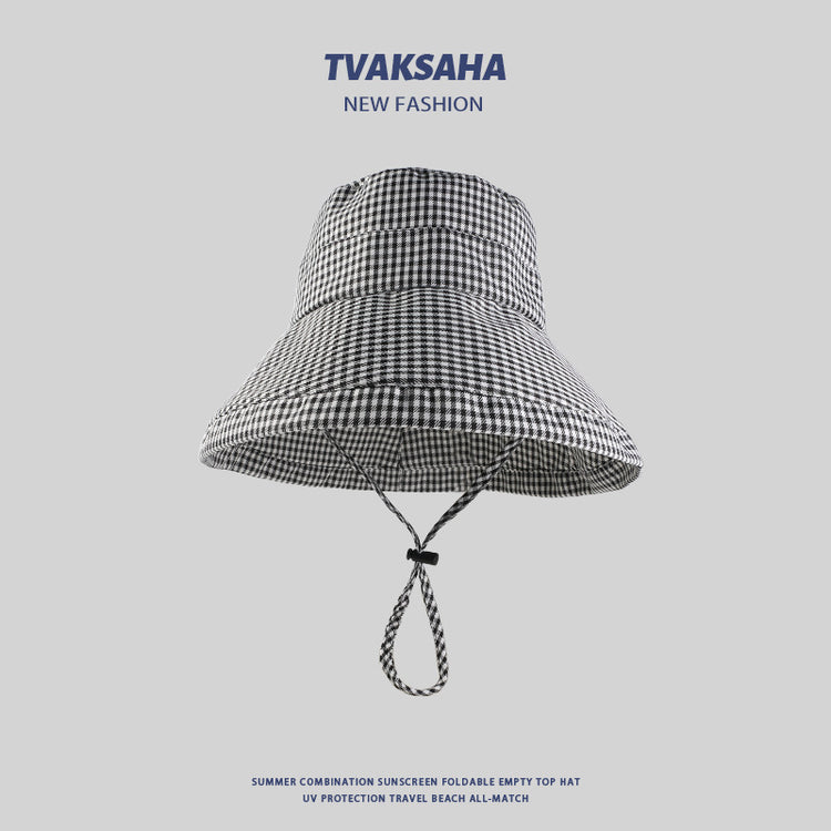 流行帽子|大帽檐漁夫帽女夏季千鳥格時尚盆帽顯臉小戶外防紫外線沙灘太陽帽「C4145」24.07-2