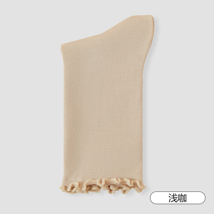 女襪|白色襪子女秋季ins潮木耳邊中筒襪棉質吸汗透氣純色彈力堆堆襪「YLF23131」25.06-3