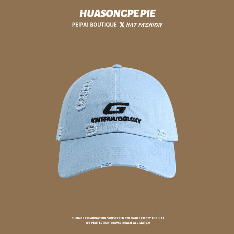 流行帽子|帽子破洞刺繡棒球帽女夏季防紫外線顯臉小遮陽帽戶外騎行鴨舌帽男「C4101」24.06-4