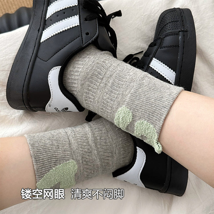 女襪|灰色堆堆襪子女棉質吸汗透氣鏤空網眼中筒襪彈力舒適潮流休閒襪「W0125」25.03-3