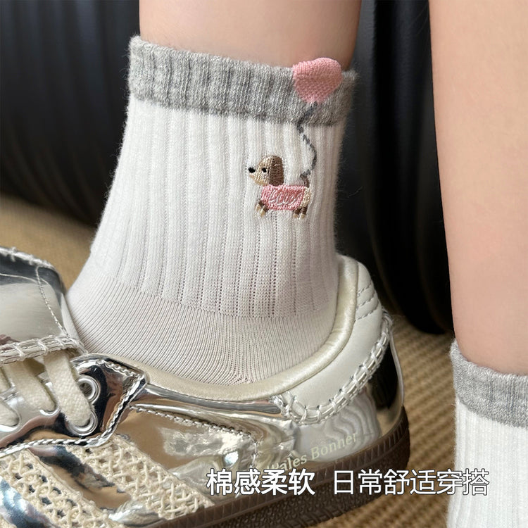 女襪|拼色羅口襪子女立體卡通氣球小狗彈力無骨短襪棉質吸汗透氣運動襪「XC2327」25.08-2