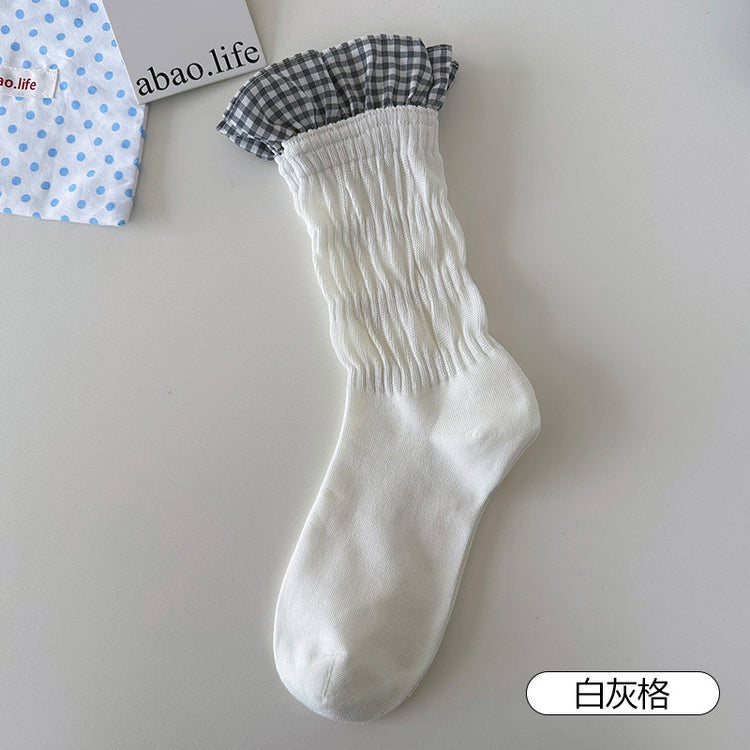 女襪|拼接格子襪子女ins潮親膚舒適好搭堆堆襪棉質吸汗透氣彈力中筒襪「PS135」25.07-5
