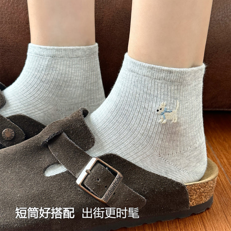 女襪|白色襪子女夏季薄款卡通刺繡小狗彈力短襪棉質吸汗透氣舒適運動襪「FKF2508」25.06-3