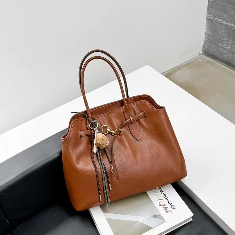 質感真皮|2024新款大容量腋下托特包ins網紅同款小眾復古百搭手提包高級感皮帶扣裝飾大包「8159」24.08-3