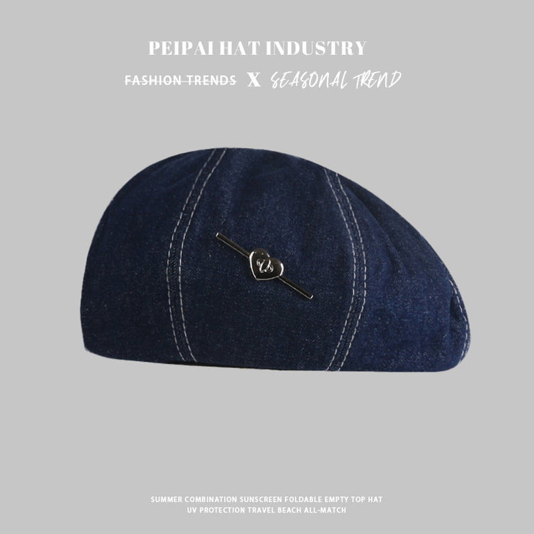 流行帽子|愛心藍色水洗牛仔貝雷帽女2024新款小眾復古顯臉小大頭圍畫家帽子「C4291」24.09-3