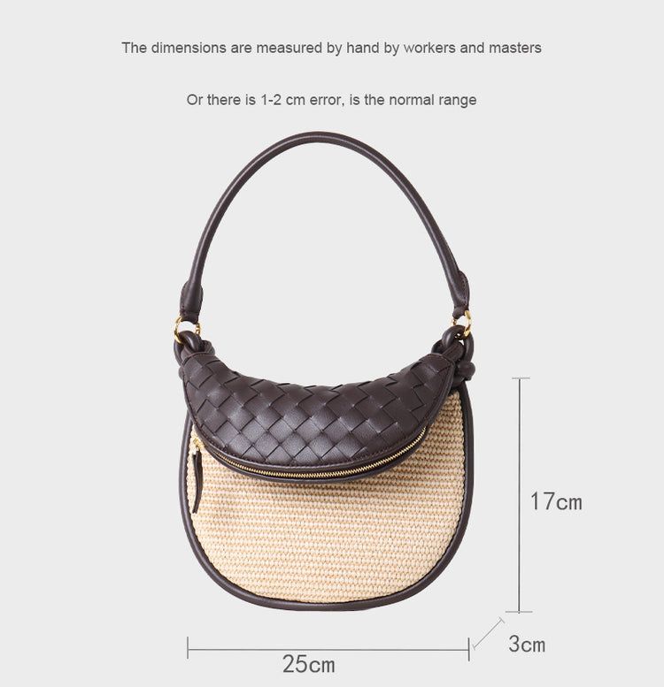 質感真皮|2025新款拉菲草編拼牛皮雙子包拼色月亮包度假單肩腋下包時尚編織包「9781-1」25.07-1