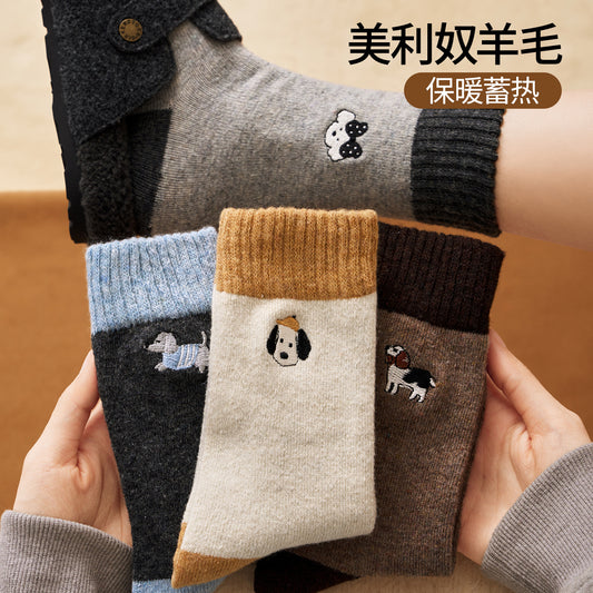 女襪|美利奴羊毛襪子女ins潮拼色卡通刺繡中筒襪秋冬季加厚保暖堆堆襪「GO2570」25.12-2