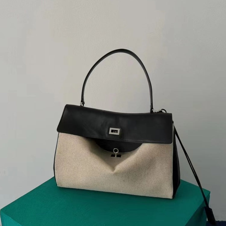 質感真皮|2024新款高級感大容量帆布拼皮手提單肩包時尚潮流通勤拼接鎖扣手提包「2328」24.07-5