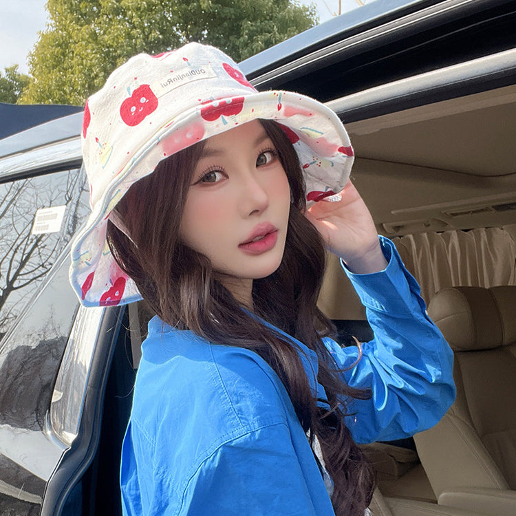 流行帽子|遮陽帽女韓版印花蘋果漁夫帽戶外夏季防紫外線遮陽帽戶外防曬帽子「C5056」25.03-1