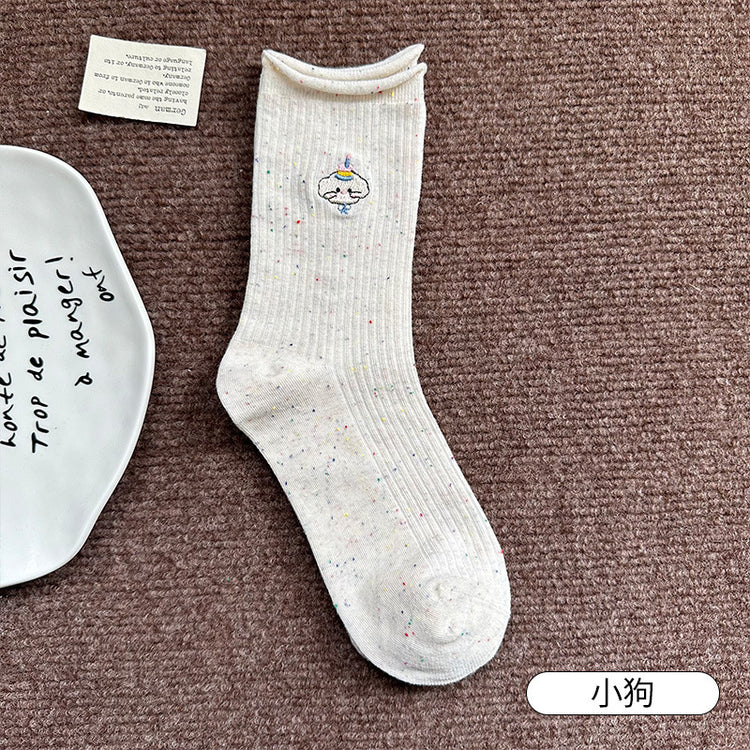 女襪|點子紗襪子女棉質吸汗透氣防臭堆堆襪彈力無骨卷邊卡通刺繡中筒襪「M24173」25.09-5