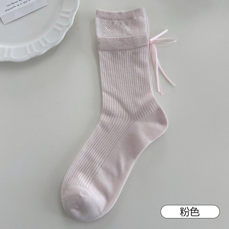 女襪|miu系蝴蝶結襪子女棉質吸汗網眼透氣堆堆襪親膚舒適彈力襪子「SX1042」25.08-1