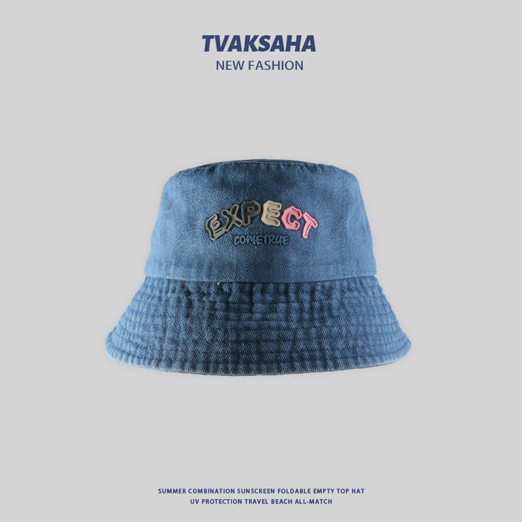 流行帽子|原創設計牛仔漁夫帽女時尚百搭字母盆帽學生情侶防紫外線遮陽帽男「C4124」24.07-3