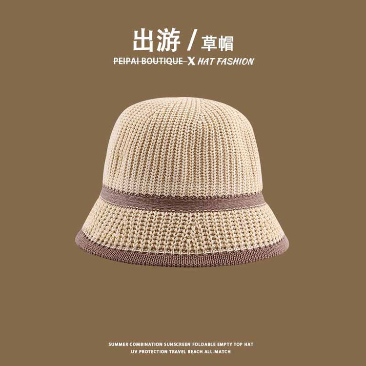 流行帽子|草編水桶帽夏季鏤空可折疊沙灘出遊草帽戶外騎行海邊防曬太陽帽子「C3773」24.04-1
