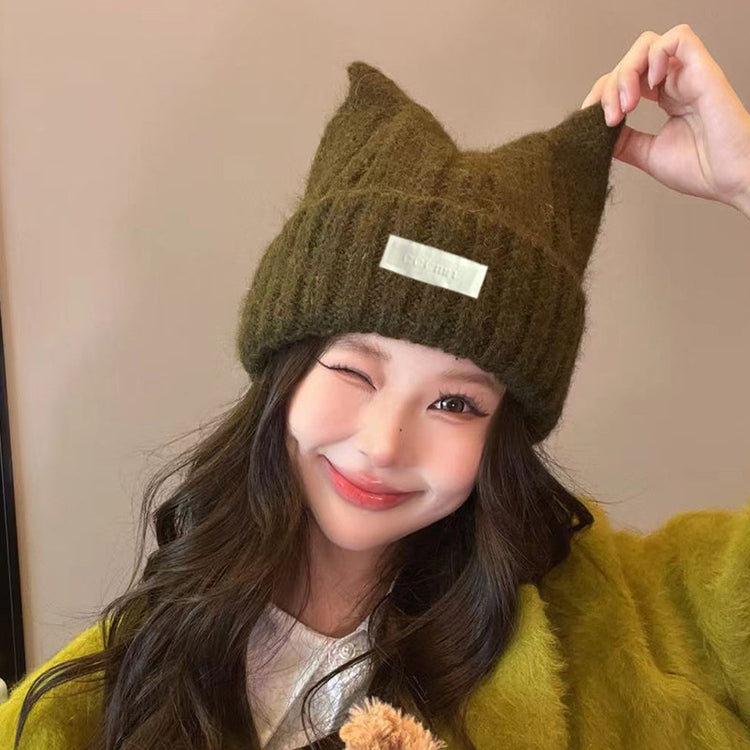 流行帽子|可愛保暖毛線帽女百搭顯臉小貓耳朵針織帽萌趣保暖防寒護耳帽子男「C4778」24.11-1