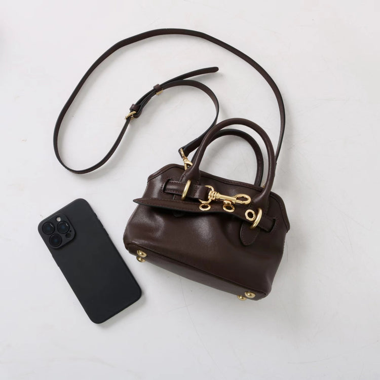 質感真皮|新款精緻迷你手拎中古保齡球斜背包通勤小眾復古百搭高級感包「8205」25.03-1