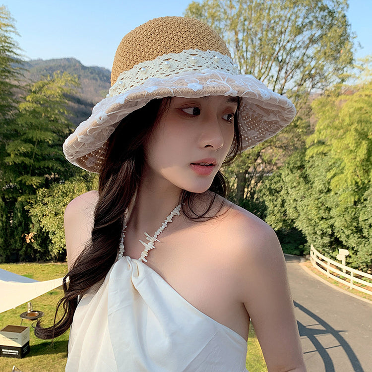 流行帽子|夏季新款帽子女蕾絲蝴蝶結漁夫帽韓版顯臉小海邊沙灘草帽防紫外線「C5237」25.04-5