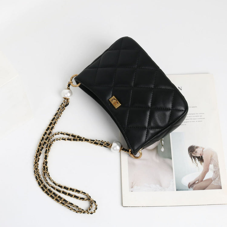 質感真皮|2024新款春夏小眾設計時尚珍珠鏈條包包女潮斜背包級質感肩小方包「8063#」24.05-1