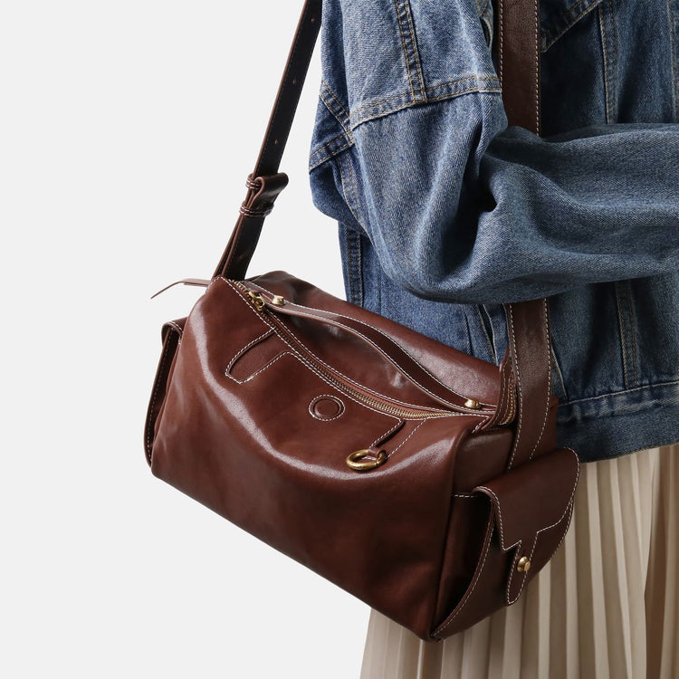 質感真皮|秋冬新款頭層水晶植鞣牛皮無性別復古手提相機包大容量單肩斜背包「155M」24.11-2