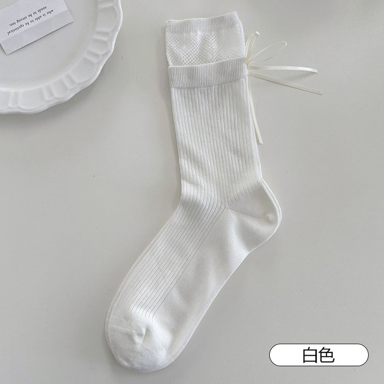 女襪|miu系蝴蝶結襪子女棉質吸汗網眼透氣堆堆襪親膚舒適彈力襪子「SX1042」25.08-1