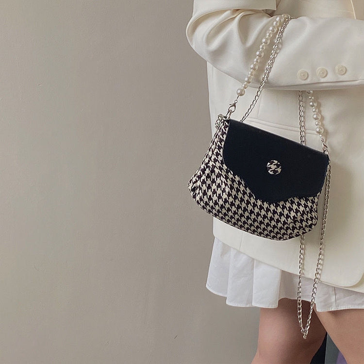 日韓流行|韓國2025年新珍珠手提包千鳥格撞色單肩腋下包百搭時尚鏈條斜背包「9592#」25.04-5