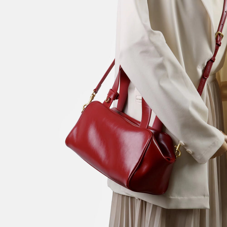 質感真皮|2025新款時尚牛皮手柄保齡球波士頓手提包小眾設計休閒百搭斜背包「8566」25.09-2