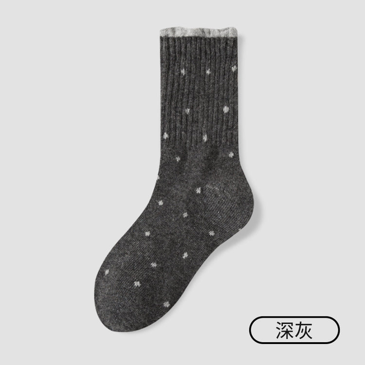女襪|復古波點襪子女冬季加絨加厚保暖美利奴羊毛襪親膚舒適彈力中筒襪「GO2576」25.11-1