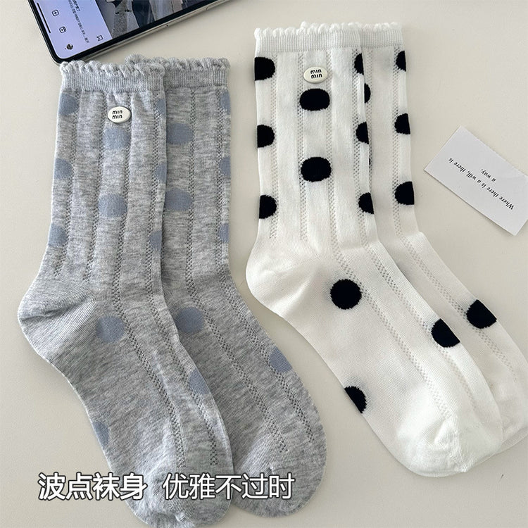 女襪|襪子女士彈力親膚柔軟舒適堆堆襪棉質吸汗透氣波點襪身中筒襪「HT2505」25.04-3
