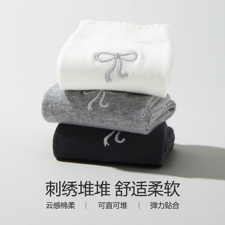 女襪|黑色堆堆襪子女彈性花邊襪口刺繡蝴蝶結中筒襪棉質親膚舒適休閒襪「TM3623」25.01-2