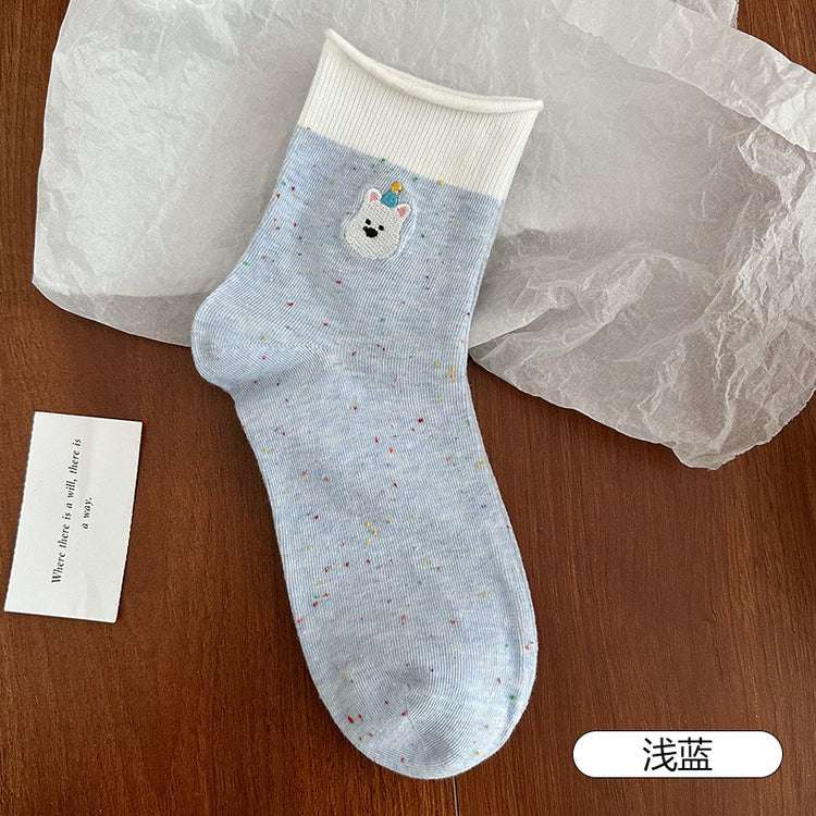 女襪|卷邊襪子女點子紗棉質吸汗透氣堆堆襪卡通動物刺繡彈力好搭中筒襪「W0121」25.03-3