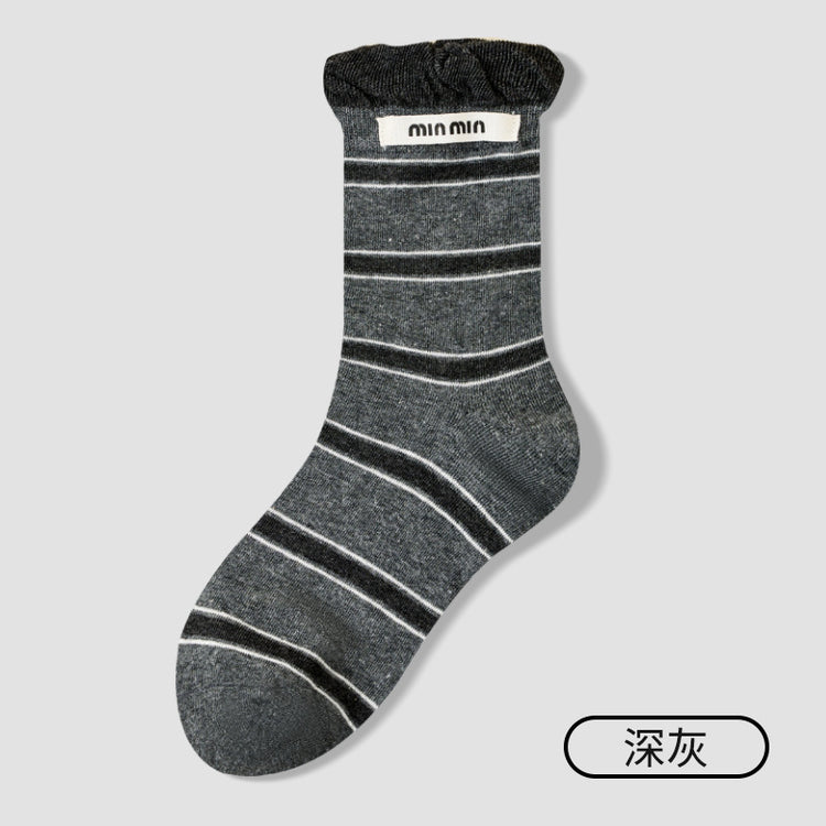女襪|撞色條紋襪子女韓系泡泡口親膚舒適中筒襪吸汗透氣彈力無骨堆堆襪「D2543」25.10-2