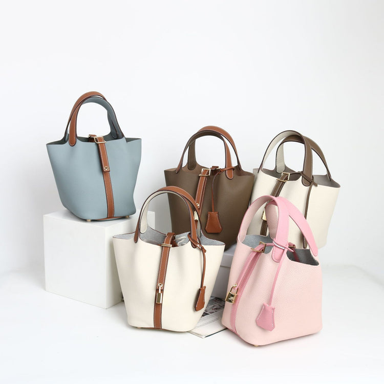 質感真皮|togo頭層牛皮拼接菜籃2024年新款時尚軟牛皮水桶包手提手拎包「226#」24.10-3