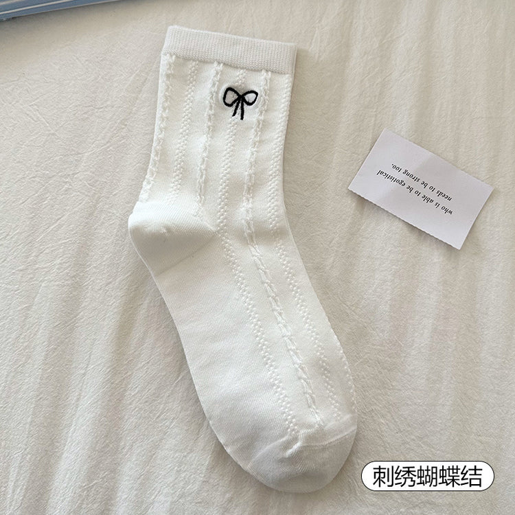 女襪|白色堆堆襪子女春夏薄款miu系蝴蝶結中筒襪吸汗透氣諸暨襪子批發「YM2510」25.03-4