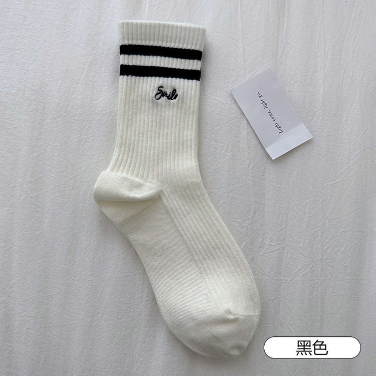 女襪|竪條紋顯瘦襪子女棉質吸汗透氣彈力中筒襪字母刺繡親膚舒適運動襪「MK5001」25.03-4