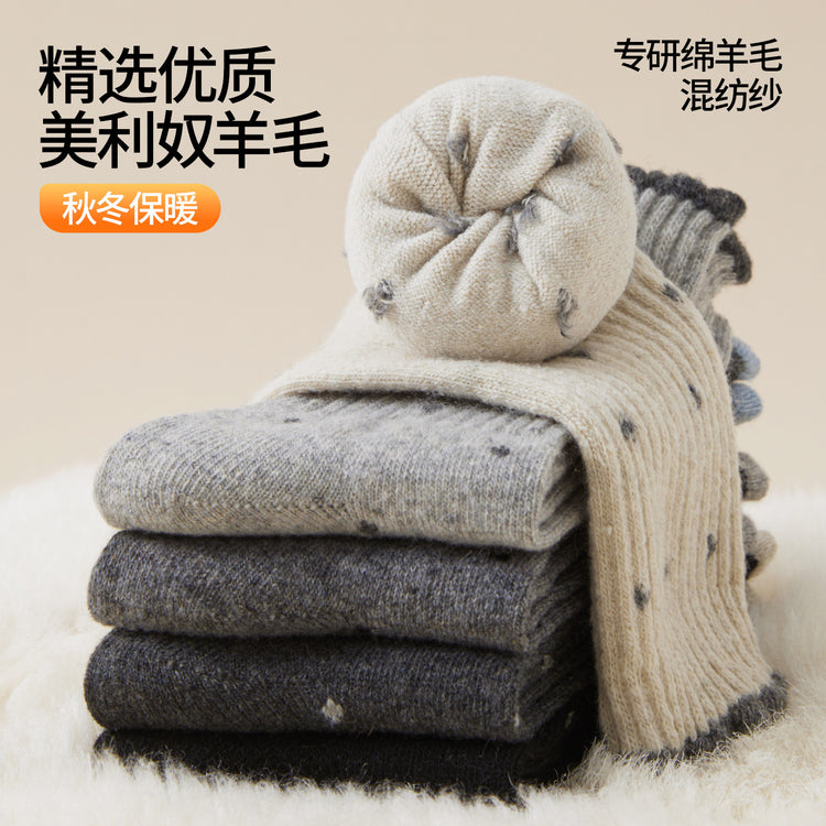 女襪|復古波點襪子女冬季加絨加厚保暖美利奴羊毛襪親膚舒適彈力中筒襪「GO2576」25.11-1