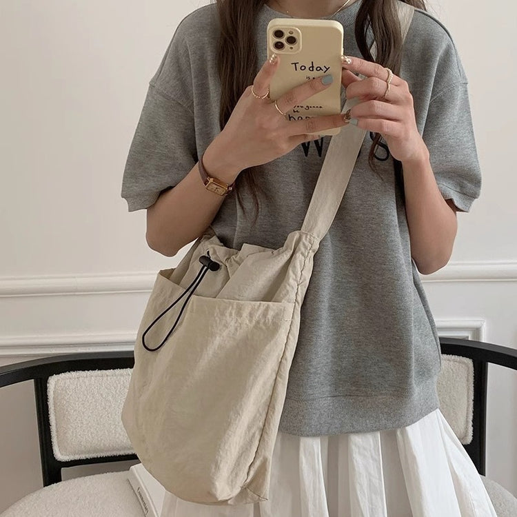日韓流行|尼龍休閒抽繩大包包女2024新款時尚布包單肩包大容量托特包上課通勤斜挎包「9388#」24.05-4