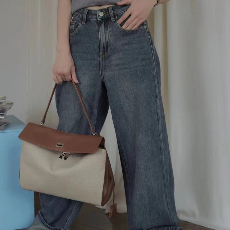 質感真皮|2024新款高級感大容量帆布拼皮手提單肩包時尚潮流通勤拼接鎖扣手提包「2328」24.07-5