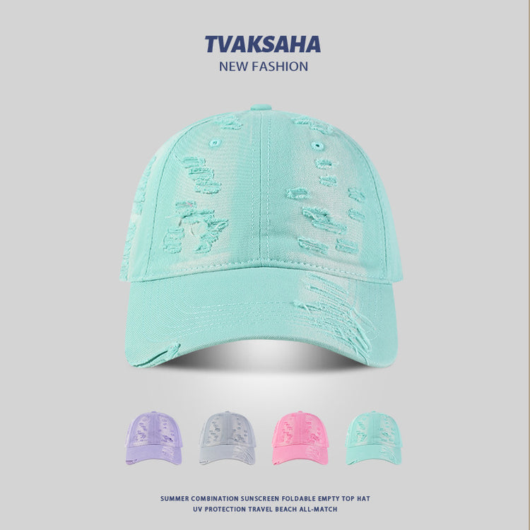 流行帽子|薄荷綠鴨舌帽女夏季小清新多巴胺穿搭遮陽帽個性破洞顯臉小棒球帽「C4161」24.07-3