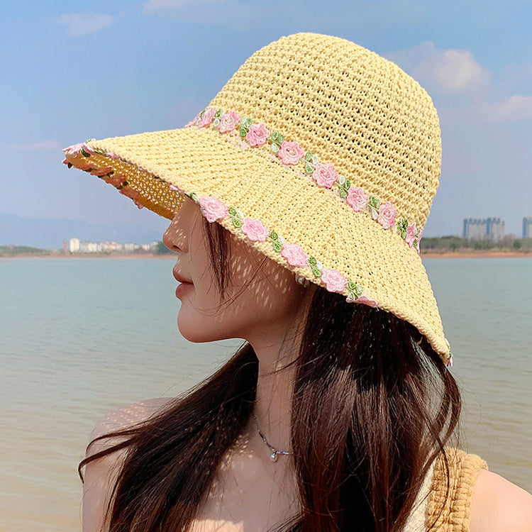 流行帽子|夏季編織草帽女海邊度假遮陽小花太陽草帽可折疊鏤空防曬漁夫帽子「C5152」25.04-1