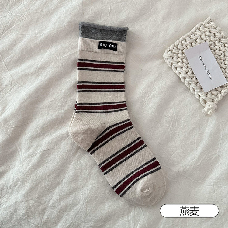女襪|撞色雙羅口卷邊襪子女春秋季ins潮miu系中筒襪彈力無骨布標堆堆襪「MK5080」25.03-1