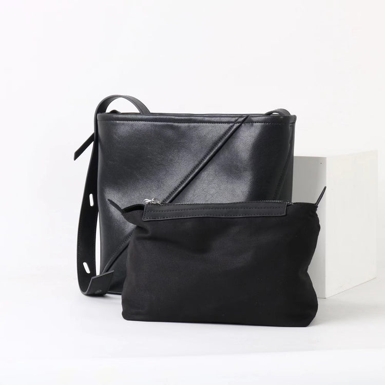 質感真皮|2025新款大容量牛皮拼接質感通勤子母包時尚百搭單肩腋下水桶包女「7056」25.09-3