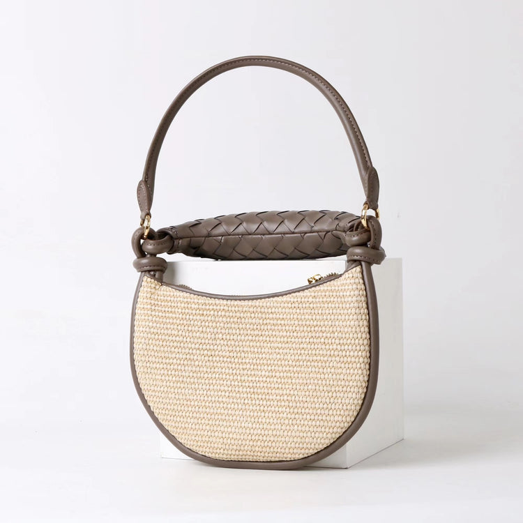 質感真皮|2025新款拉菲草編拼牛皮雙子包拼色月亮包度假單肩腋下包時尚編織包「9781-1」25.07-1