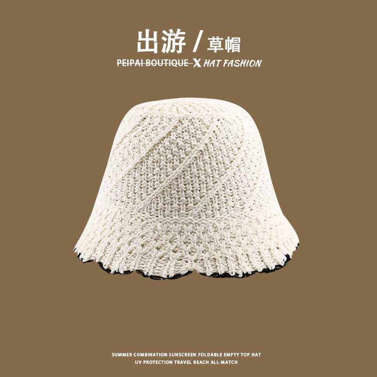 流行帽子|草帽編織女可折疊沙灘帽夏季鏤空透氣水桶帽甜美海邊遮陽帽子批發「C3748」24.03-4