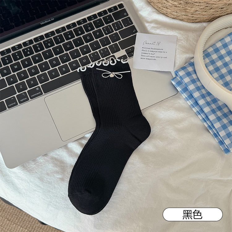 女襪|白色蝴蝶結襪子女春秋季ins潮木耳花邊中筒襪棉質吸汗透氣堆堆襪「XC2204」25.02-1