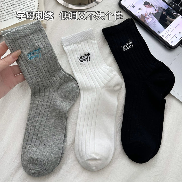 女襪|白色襪子女春夏季薄款彈力竪條襪身中筒襪字母刺繡配德訓鞋堆堆襪「W0116」25.03-3