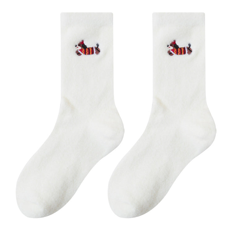 女襪|臘腸狗刺繡襪子女秋冬加厚保暖澳絨中筒襪彈力花邊親膚舒適堆堆襪「H5271」25.12-1