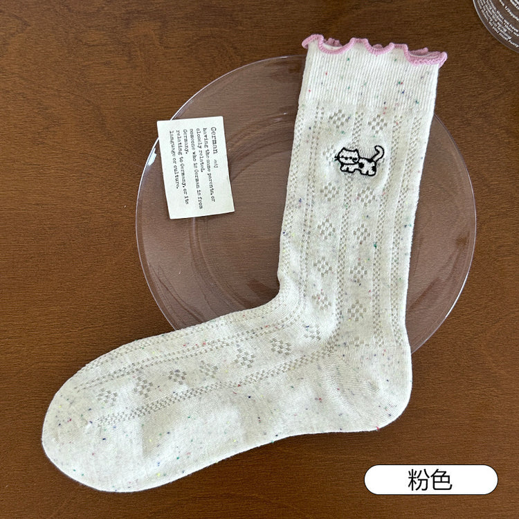 女襪|夏季薄款襪子女棉質吸汗透氣撞色木耳邊堆堆襪彈力親膚舒適中筒襪「MD25111」25.07-2