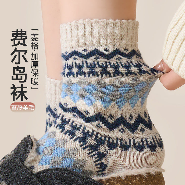 女襪|費爾島羊毛襪子女秋冬季加厚保暖中筒襪文藝復古菱格好搭堆堆襪「TM3721」25.01-2